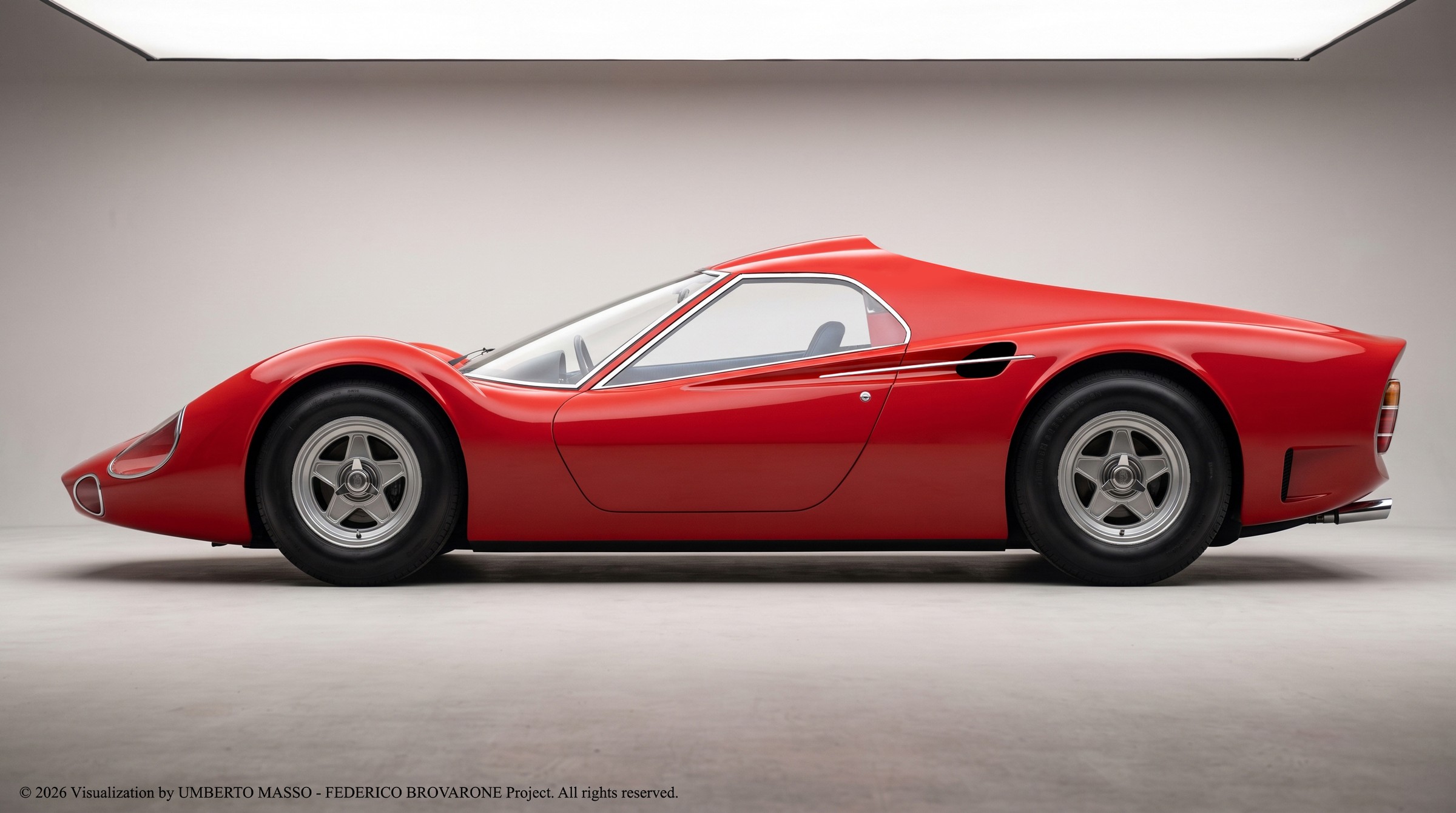 Complete side view of the red BROVARONE car